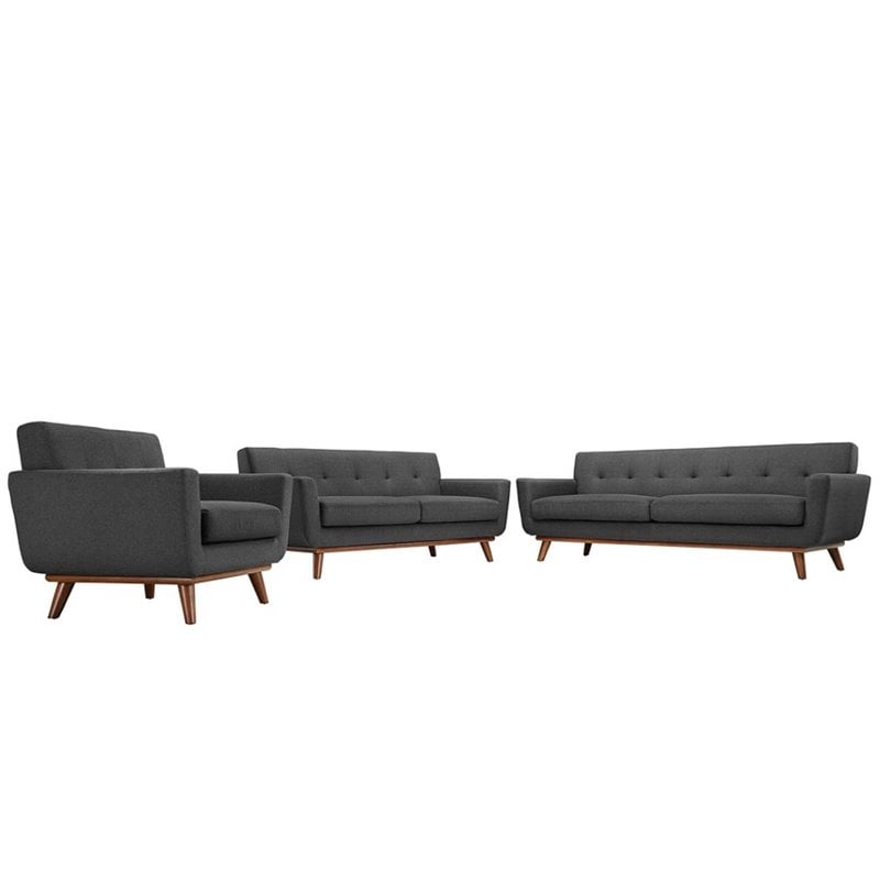 Maklaine Modern Fabric 3-Piece Sofa Set with Loveseat & Armchair in Gray