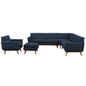 Maklaine 5-Piece Fabric and Rubberwood Living Room Set in Azure Blue