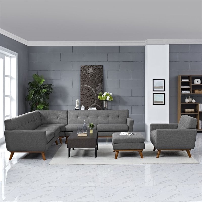 Maklaine 5-Piece Fabric and Rubberwood Living Room Set in Gray