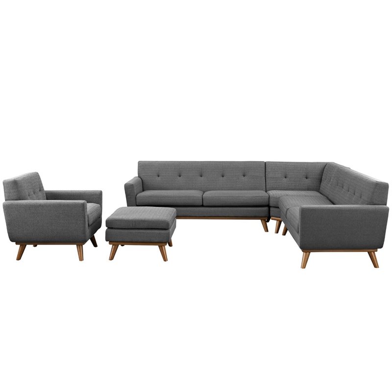 Maklaine 5-Piece Fabric and Rubberwood Living Room Set in Gray