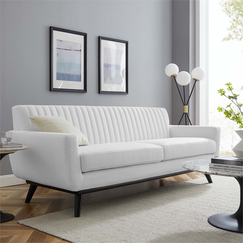 Maklaine Modern Channel Tufted Polyester Fabric Sofa in White/Black