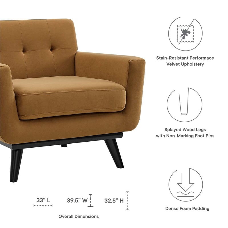Maklaine Modern Tufted Back Performance Velvet Armchair in Cognac Brown