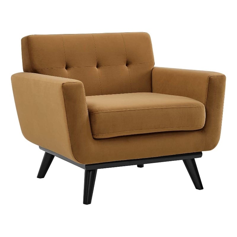 Maklaine Modern Tufted Back Performance Velvet Armchair in Cognac Brown