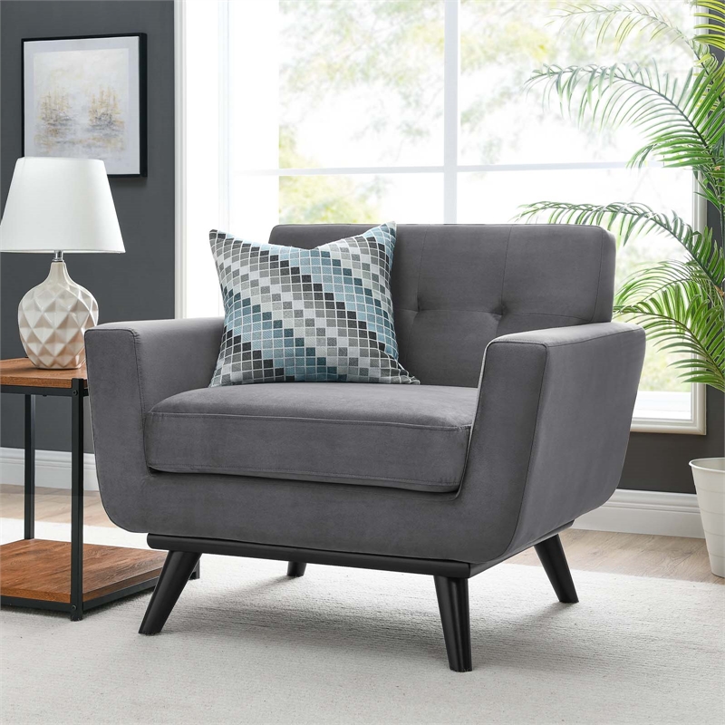 Maklaine Modern Tufted Back Performance Velvet Armchair in Gray/Black