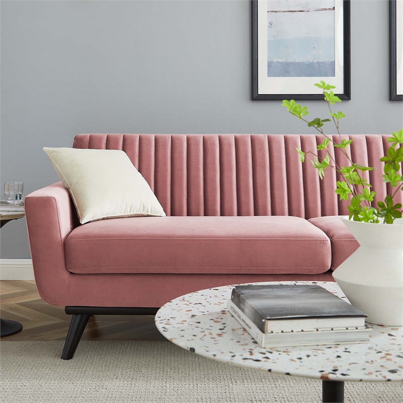 Maklaine Modern Channel Tufted Performance Velvet Sofa in Dusty Rose Pink