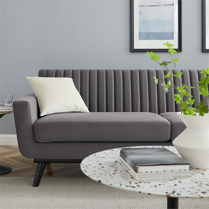 Maklaine Modern Channel Tufted Performance Velvet Sofa in Gray/Black