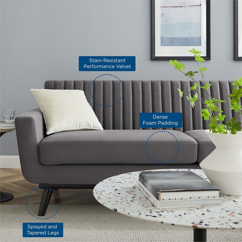 Maklaine Modern Channel Tufted Performance Velvet Sofa in Gray/Black
