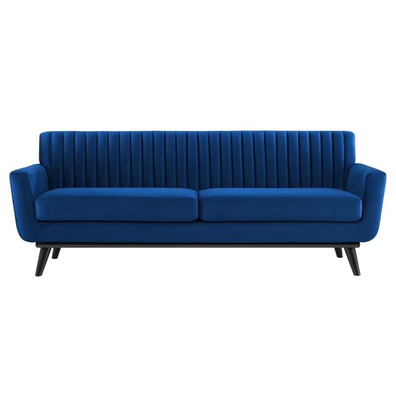 Maklaine Modern Channel Tufted Performance Velvet Sofa in Navy/Black