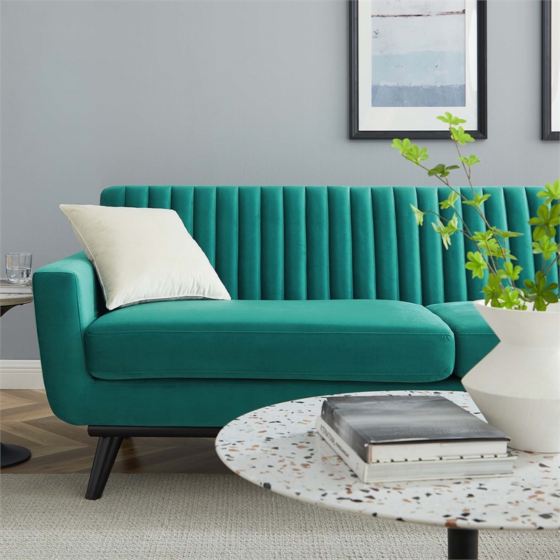 Maklaine Modern Channel Tufted Performance Velvet Sofa in Teal Green