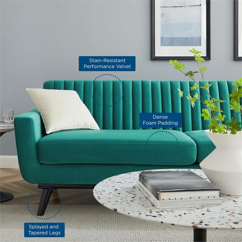 Maklaine Modern Channel Tufted Performance Velvet Sofa in Teal Green