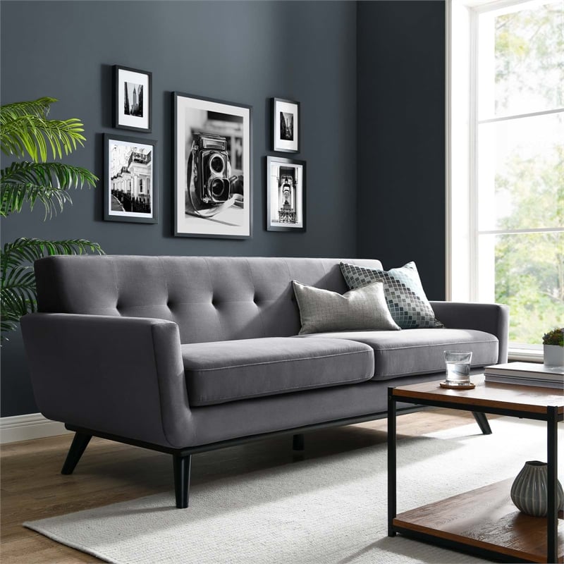 Maklaine Modern Tufted Back Performance Velvet Sofa in Gray/Black