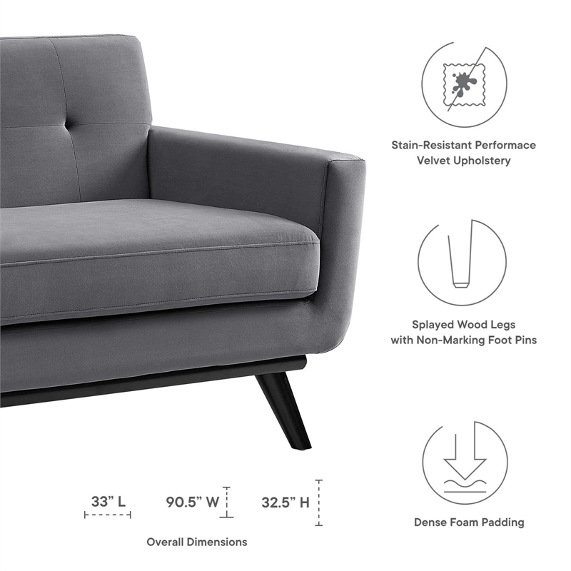 Maklaine Modern Tufted Back Performance Velvet Sofa in Gray/Black
