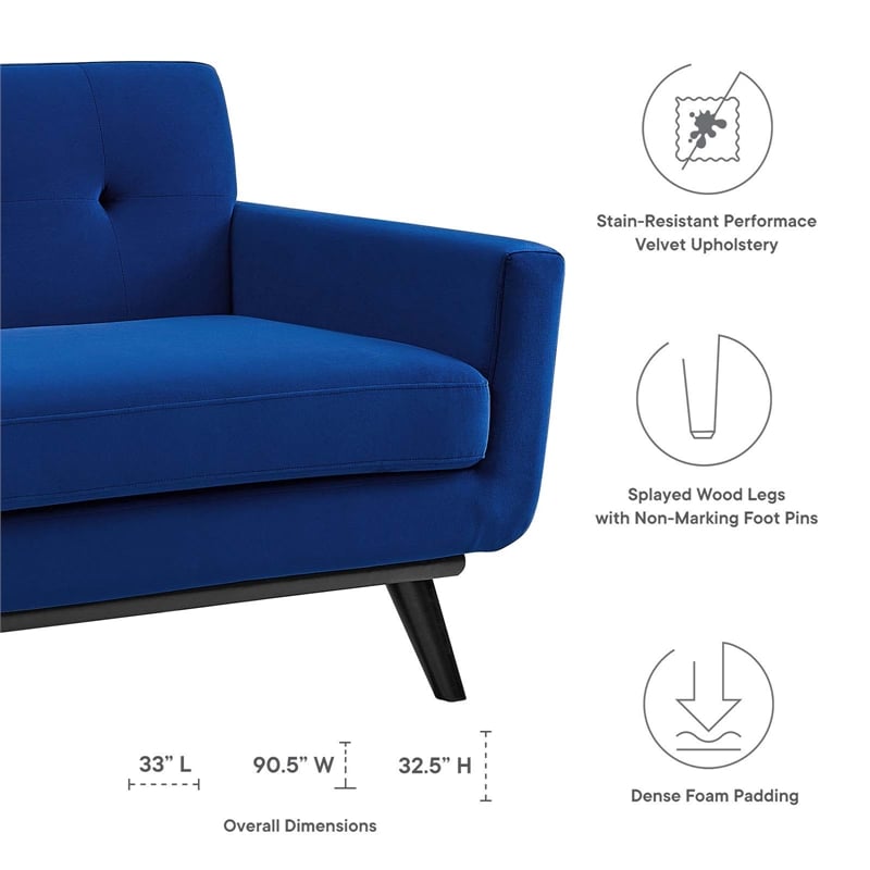 Maklaine Modern Tufted Back Performance Velvet Sofa in Navy/Black