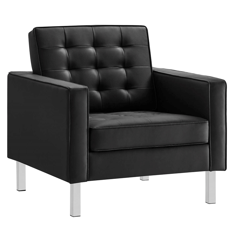 Maklaine Vegan Leather Vinyl Armchair and Ottoman Set in Silver/Black