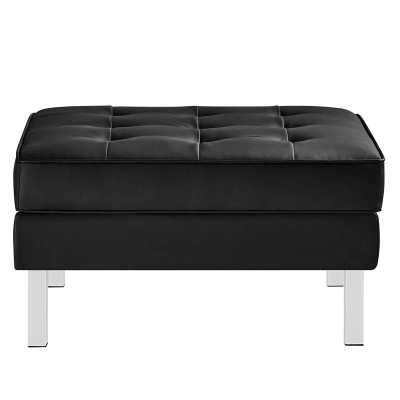 Maklaine Vegan Leather Vinyl Armchair and Ottoman Set in Silver/Black
