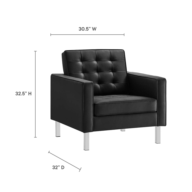 Maklaine Vegan Leather Vinyl Armchair and Ottoman Set in Silver/Black
