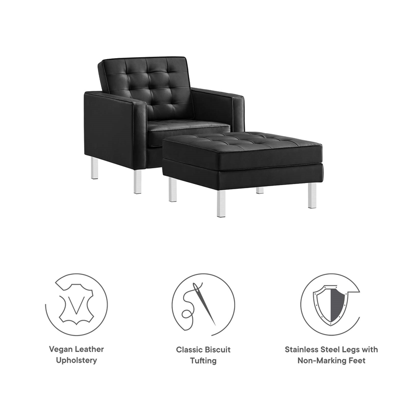 Maklaine Vegan Leather Vinyl Armchair and Ottoman Set in Silver/Black
