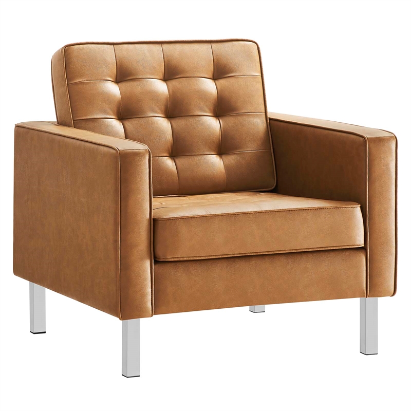 Maklaine Vegan Leather Vinyl Armchair and Ottoman Set in Silver/Tan