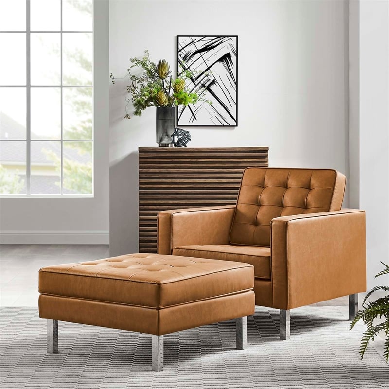 Maklaine Vegan Leather Vinyl Armchair and Ottoman Set in Silver/Tan