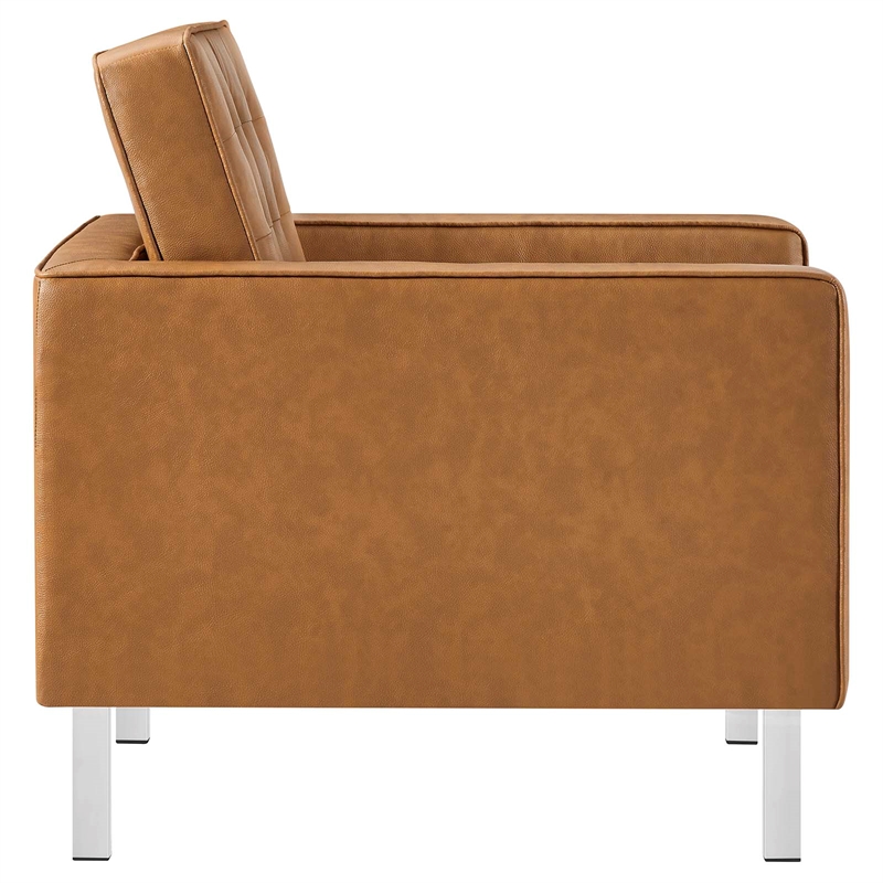 Maklaine Vegan Leather Vinyl Armchair and Ottoman Set in Silver/Tan