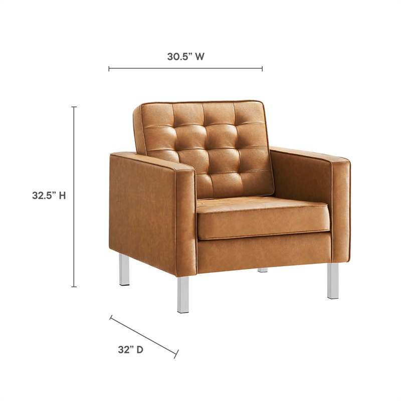 Maklaine Vegan Leather Vinyl Armchair and Ottoman Set in Silver/Tan