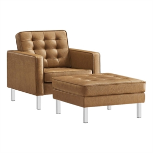 Maklaine Vegan Leather Vinyl Armchair and Ottoman Set in Silver/Tan