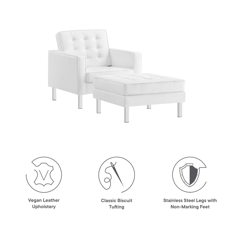Maklaine Vegan Leather Vinyl Armchair and Ottoman Set in Silver/White