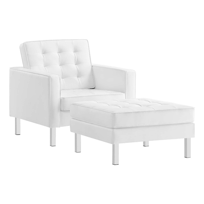Maklaine Vegan Leather Vinyl Armchair and Ottoman Set in Silver/White
