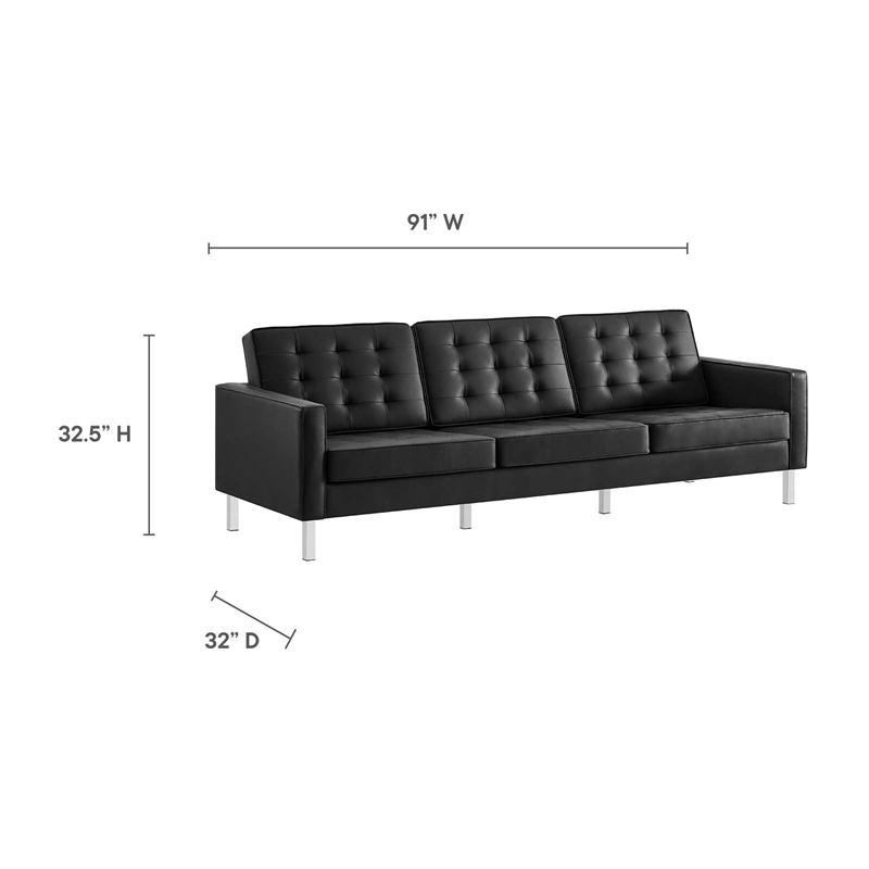 Maklaine Tufted Vegan Leather Vinyl Sofa and Ottoman Set in Silver and Black