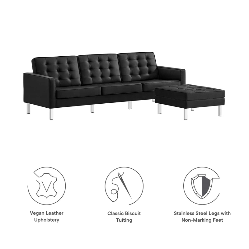 Maklaine Tufted Vegan Leather Vinyl Sofa and Ottoman Set in Silver and Black