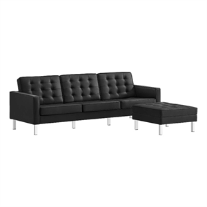 Maklaine Tufted Vegan Leather Vinyl Sofa and Ottoman Set in Silver and Black