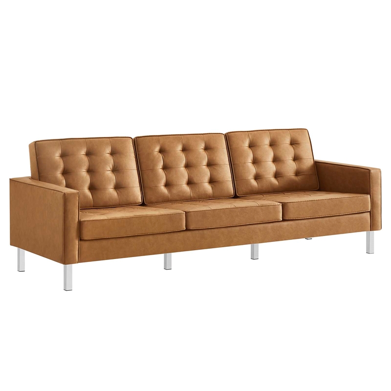 Maklaine Tufted Vegan Leather Vinyl Sofa and Ottoman Set in Silver/Tan