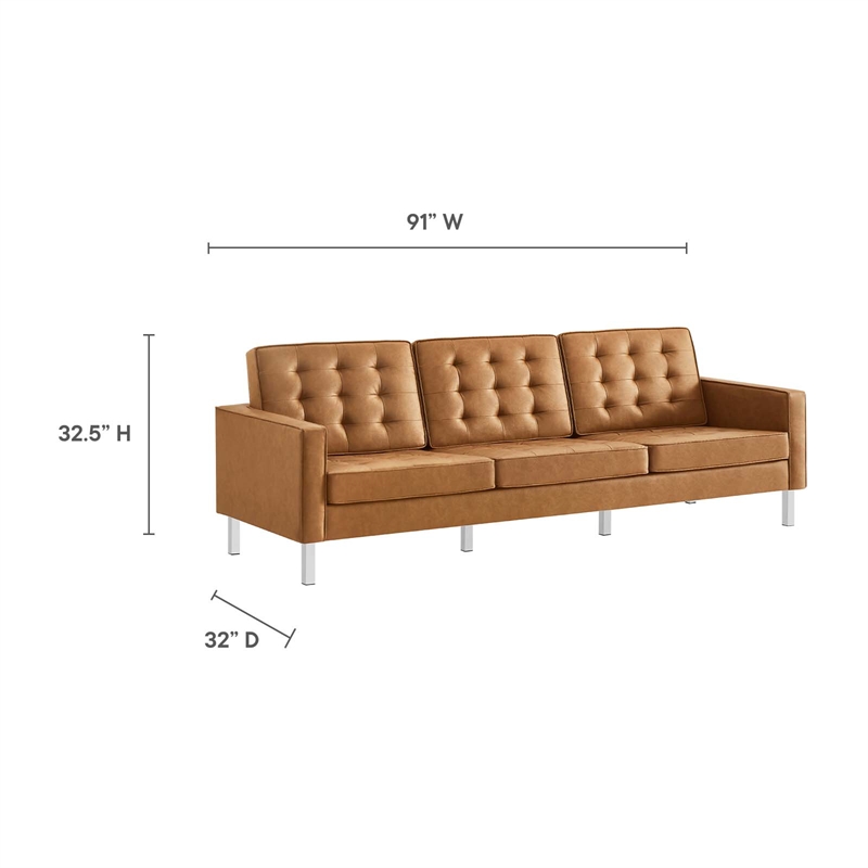 Maklaine Tufted Vegan Leather Vinyl Sofa and Ottoman Set in Silver/Tan