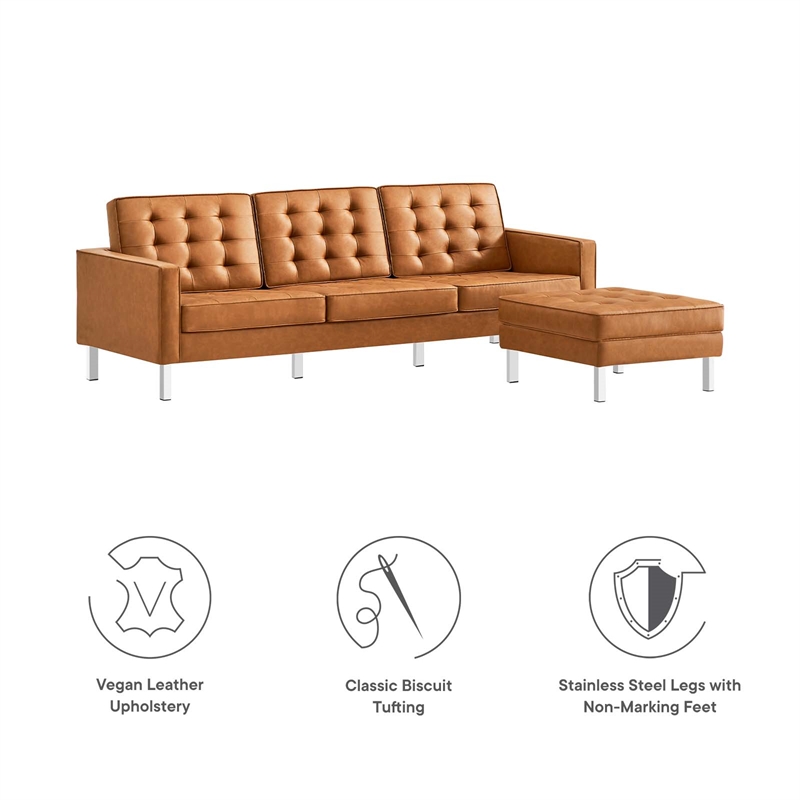 Maklaine Tufted Vegan Leather Vinyl Sofa and Ottoman Set in Silver/Tan