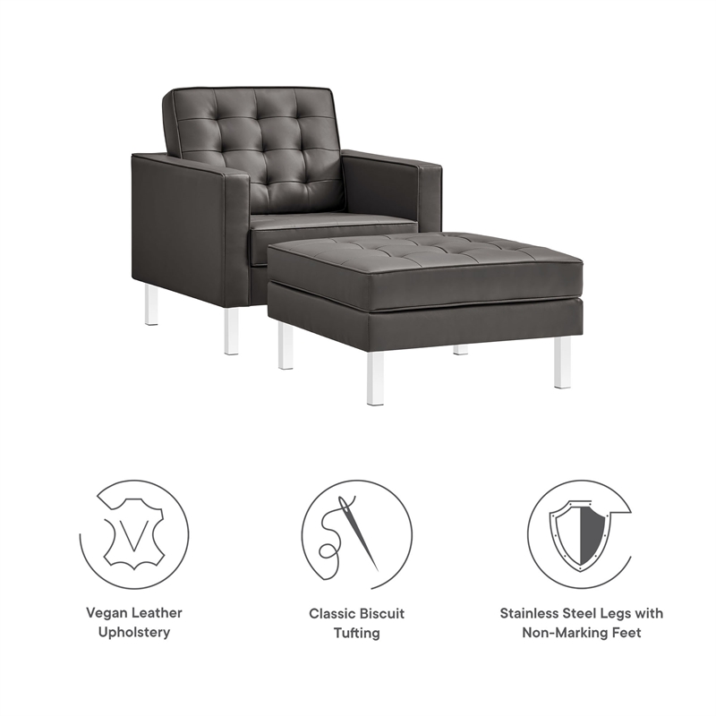 Maklaine Contemporary Armchair and Ottoman Set in Silver Gray