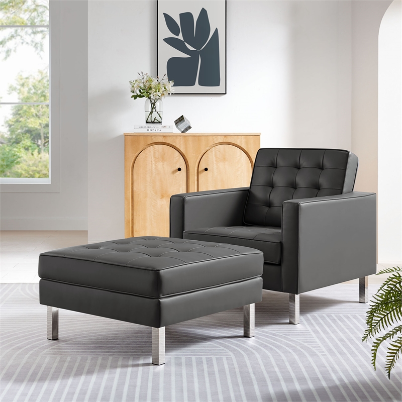 Maklaine Contemporary Armchair and Ottoman Set in Silver Gray