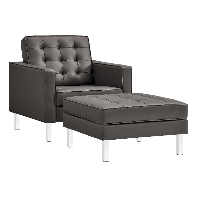 Maklaine Contemporary Armchair and Ottoman Set in Silver Gray