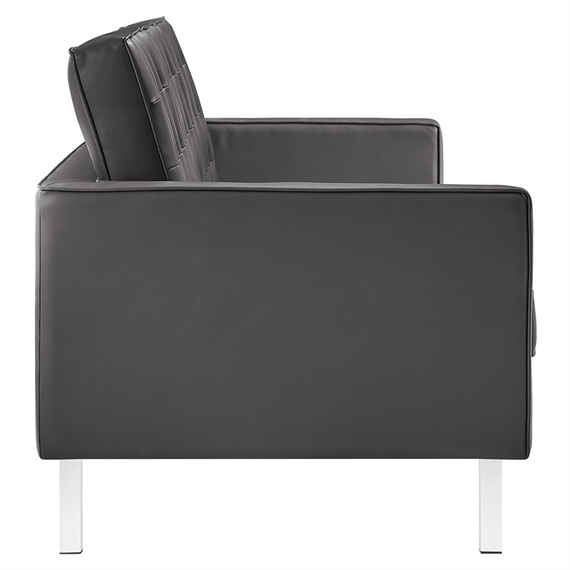 Maklaine Tufted Vegan Leather Sofa and Ottoman Set in Silver Gray