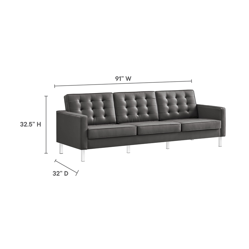Maklaine Tufted Vegan Leather Sofa and Ottoman Set in Silver Gray