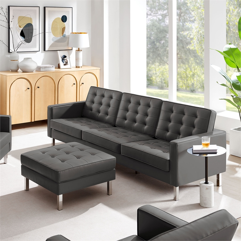 Maklaine Tufted Vegan Leather Sofa and Ottoman Set in Silver Gray