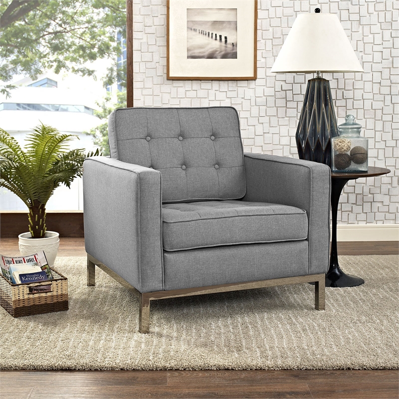 Maklaine Contemporary Upholstered Fabric Armchair in Light Gray