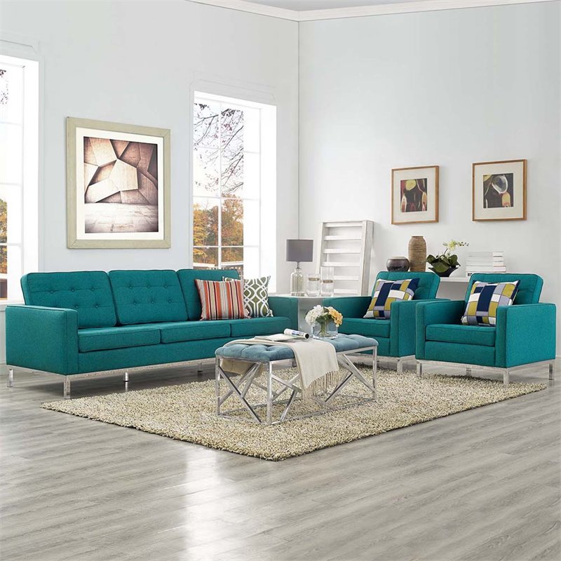 Maklaine Upholstered Fabric and Stainless Steel Armchairs in Teal (Set of 2)
