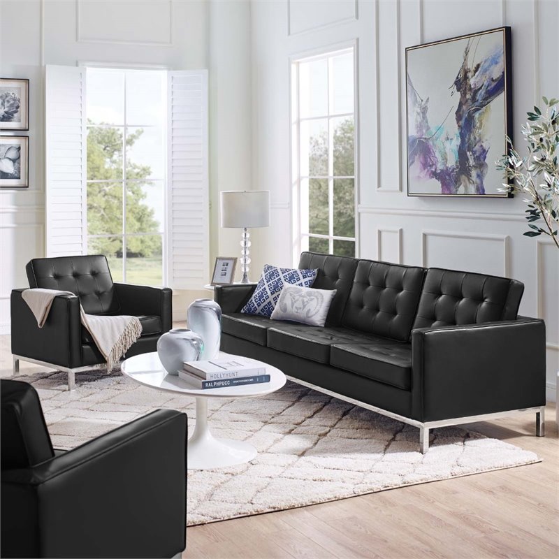 Maklaine 2-Piece Modern Tufted Faux Leather Sofa and Armchair Set in Black
