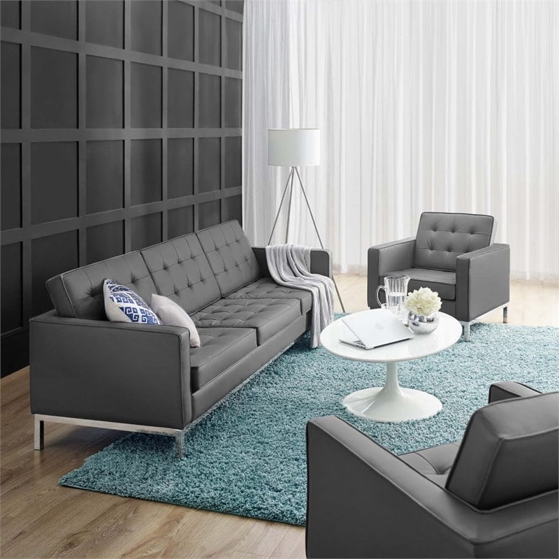 Maklaine 2-Piece Faux Leather Upholstered Sofa Set in Silver/Gray