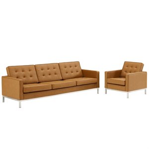 Maklaine 2-Piece Modern Tufted Faux Leather Sofa and Armchair Set in Tan
