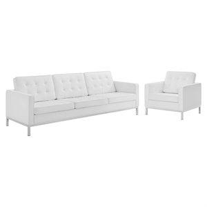 Maklaine 2-Piece Modern Tufted Faux Leather Sofa and Armchair Set in White