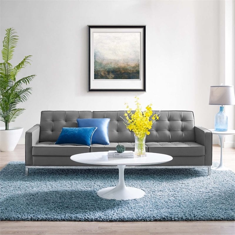 Maklaine Tufted Upholstered Faux Leather Sofa in Silver and Gray