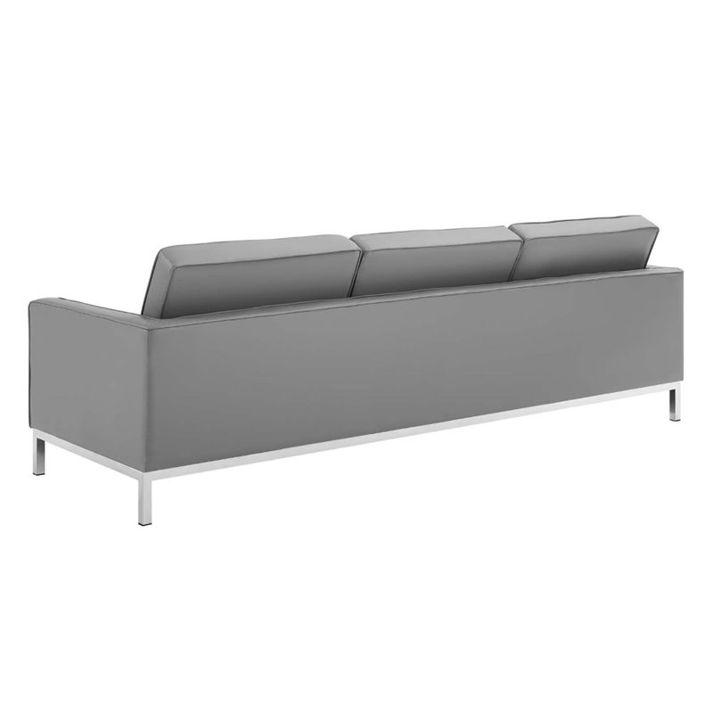 Maklaine Tufted Upholstered Faux Leather Sofa in Silver and Gray