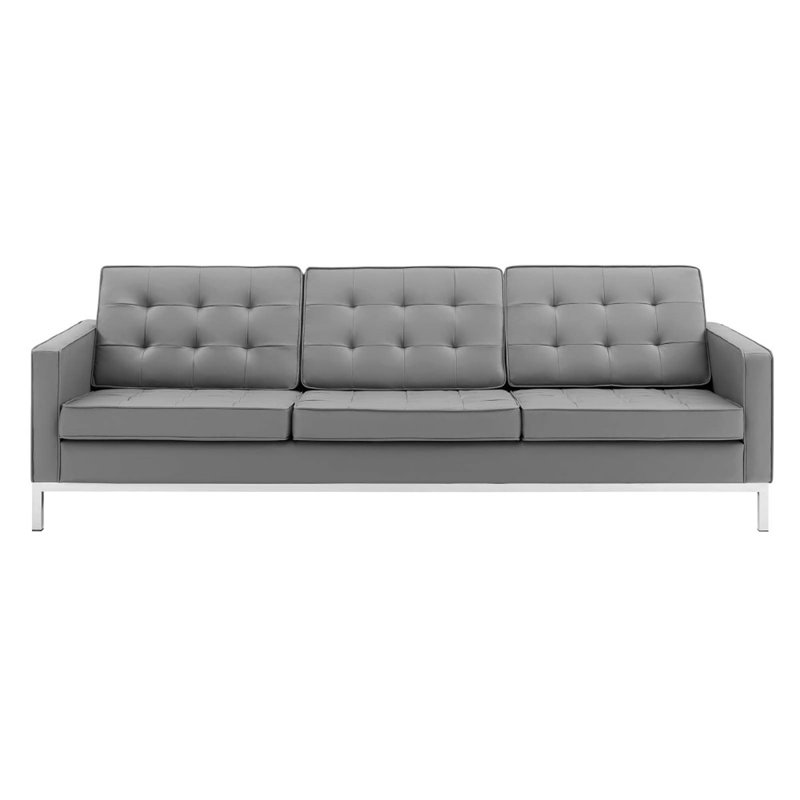 Maklaine Tufted Upholstered Faux Leather Sofa in Silver and Gray