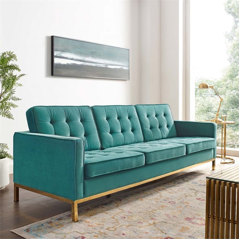 Maklaine Stainless Steel Leg Performance Velvet Sofa in Gold/Teal